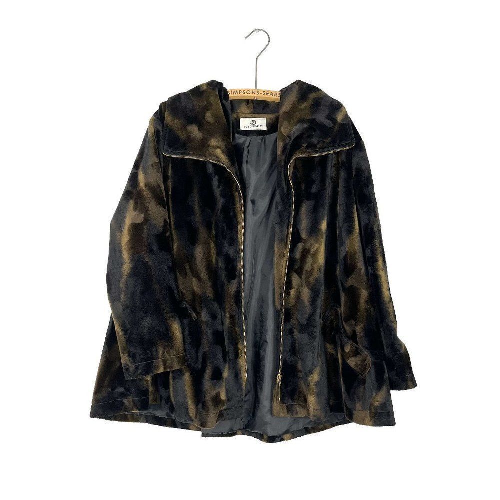 De Sentino Womens Faux fur Velvet Zip-Up Animal Print  Swing Jacket L/XL